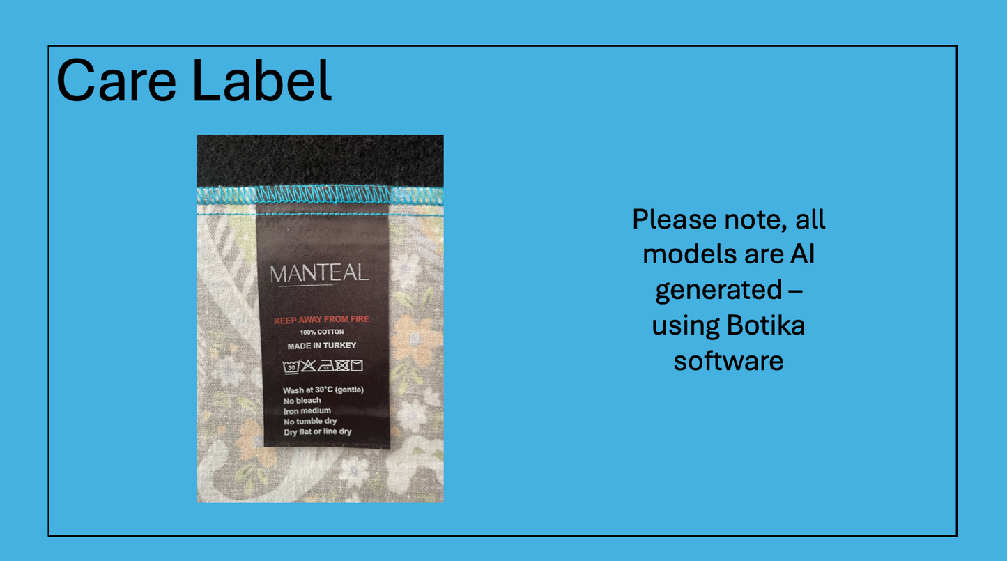 Care label with 'Manteal' branding on a blue background.