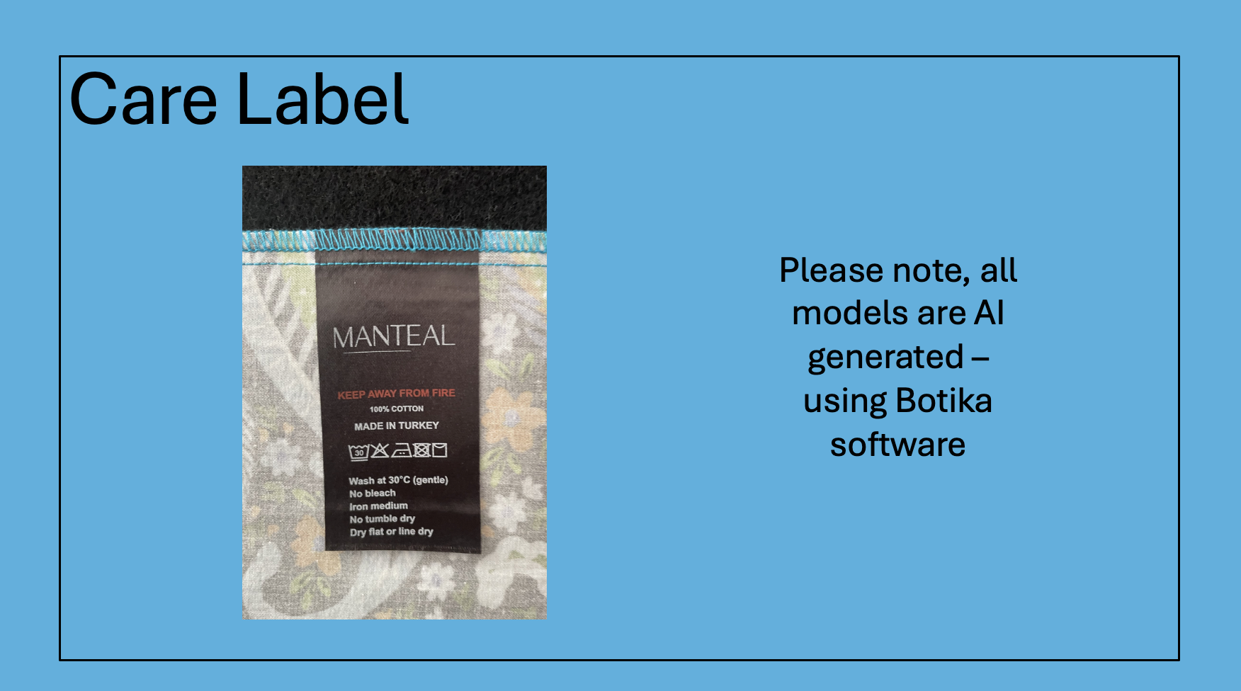 Care label with 'Manteal' branding on a blue background.