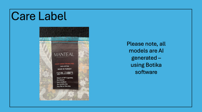 Care label with 'Manteal' branding on a blue background.