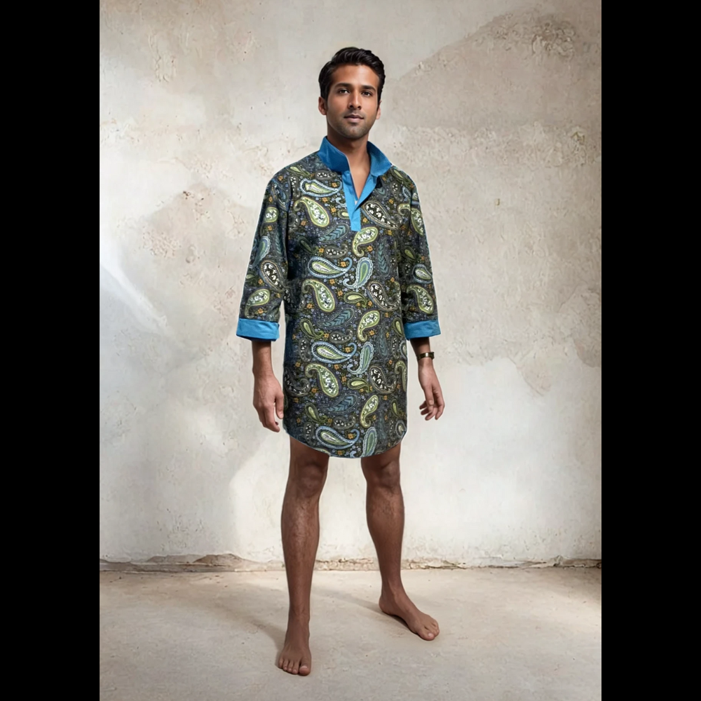 Man wearing a patterned nightshirt against a textured wall.