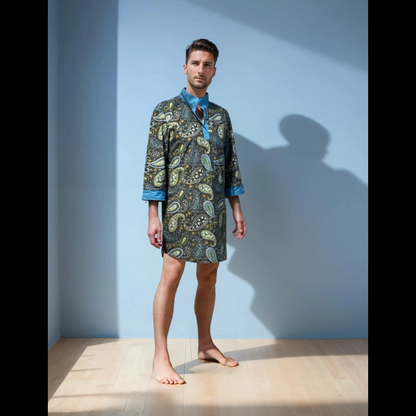 Man wearing a patterned nightshirt against a light blue wall.