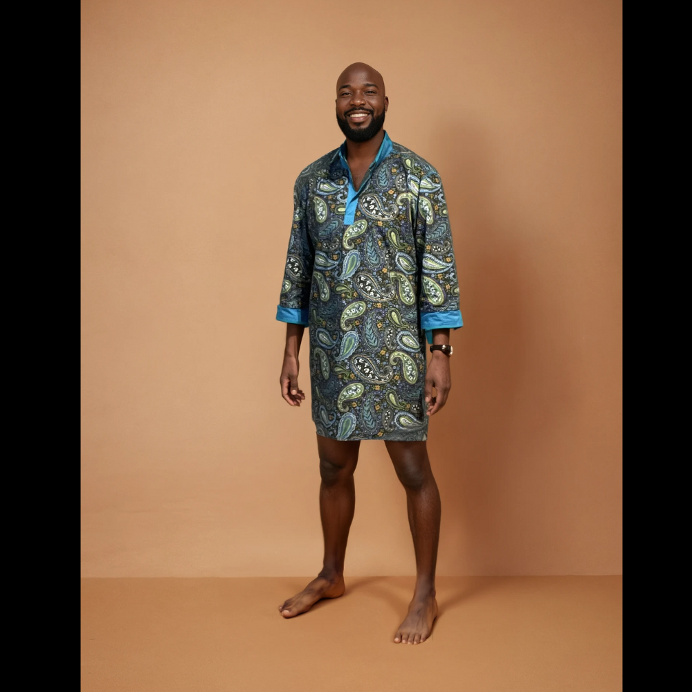 Man wearing a patterned nightshirt against a brown background