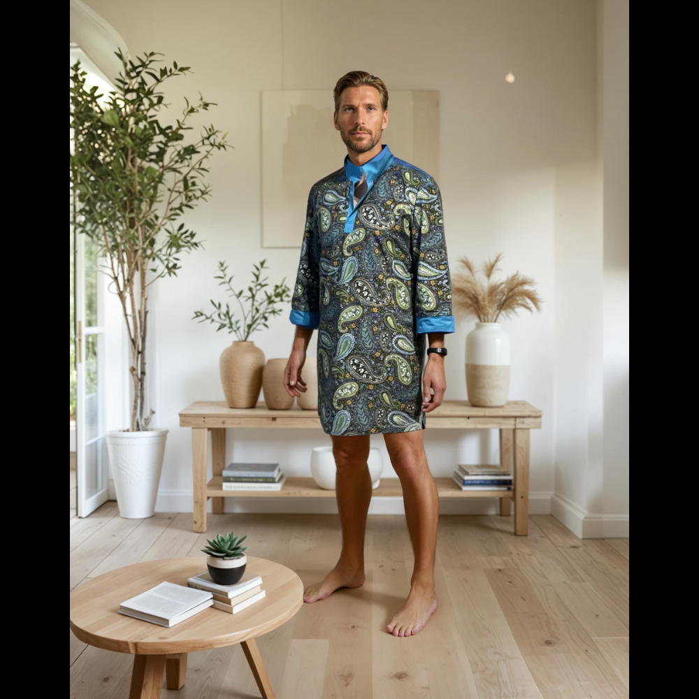 Man wearing a patterned robe standing in a modern living room.