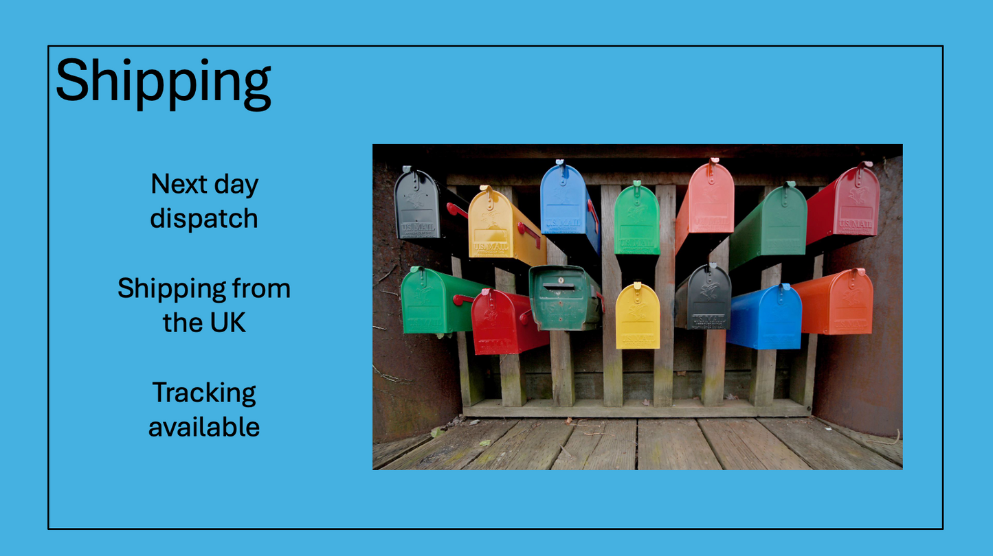 Colorful mailbox display with text about shipping services on a blue background.