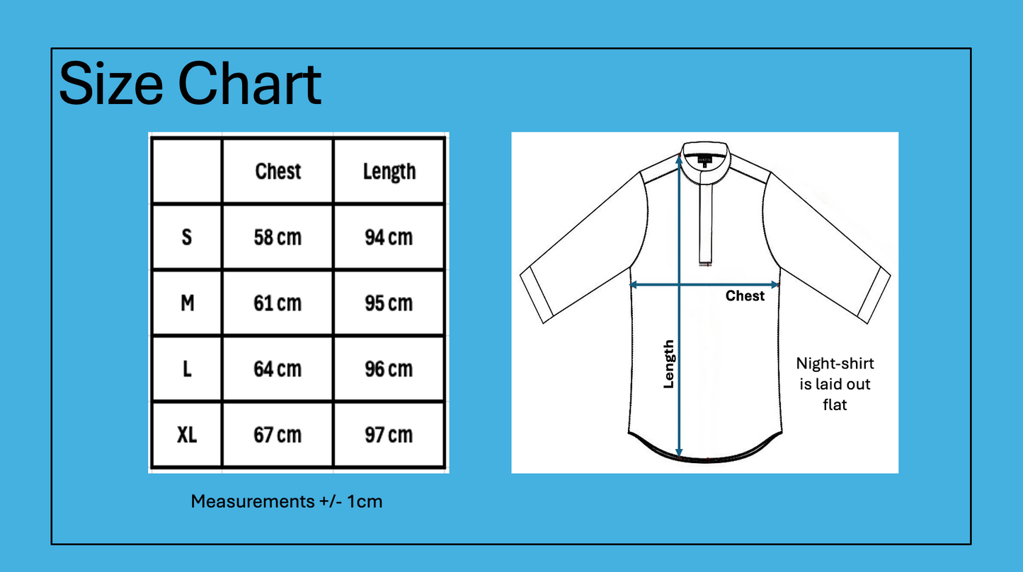 Size chart for a nightshirt with measurements on a blue background.