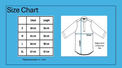 Size chart for a nightshirt with measurements on a blue background.