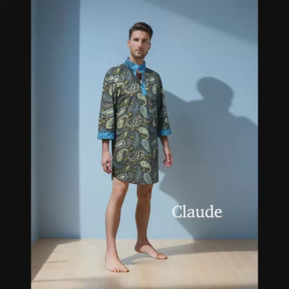 Premium men’s cotton nightshirt in blue floral design, tailored for comfort and relaxation — Manteal sleepwear.